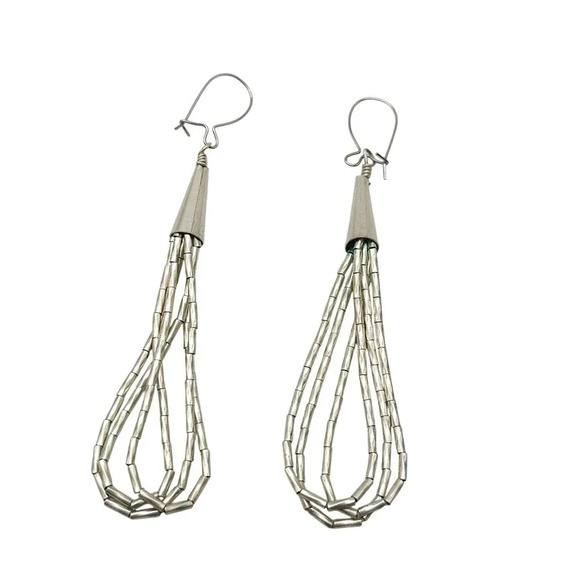 Vintage Liquid Silver Beaded Dangle Earrings 2.75" Long Lightweight Boho Chic - Picture 1 of 5